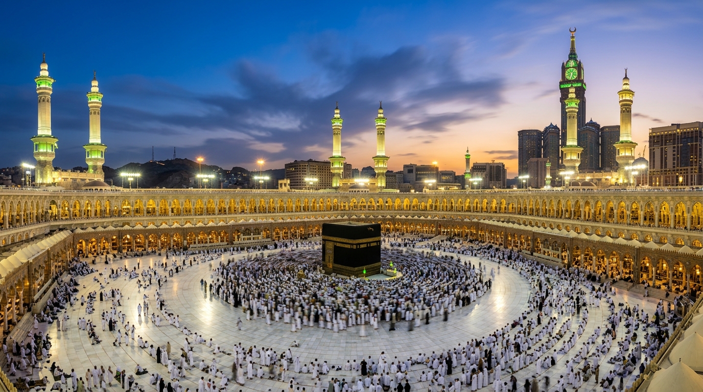 Masjid al-Haram Kaaba at sunset twilight with circumambulating pilgrims
